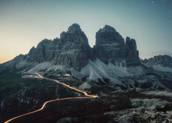 Scenic View of the Tre Cime di Lavaredo Mountain Peak in the Dolomites at Sunset